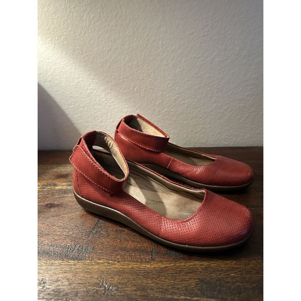 Clarks Red Perforated Leather Flats with Ankle Strap